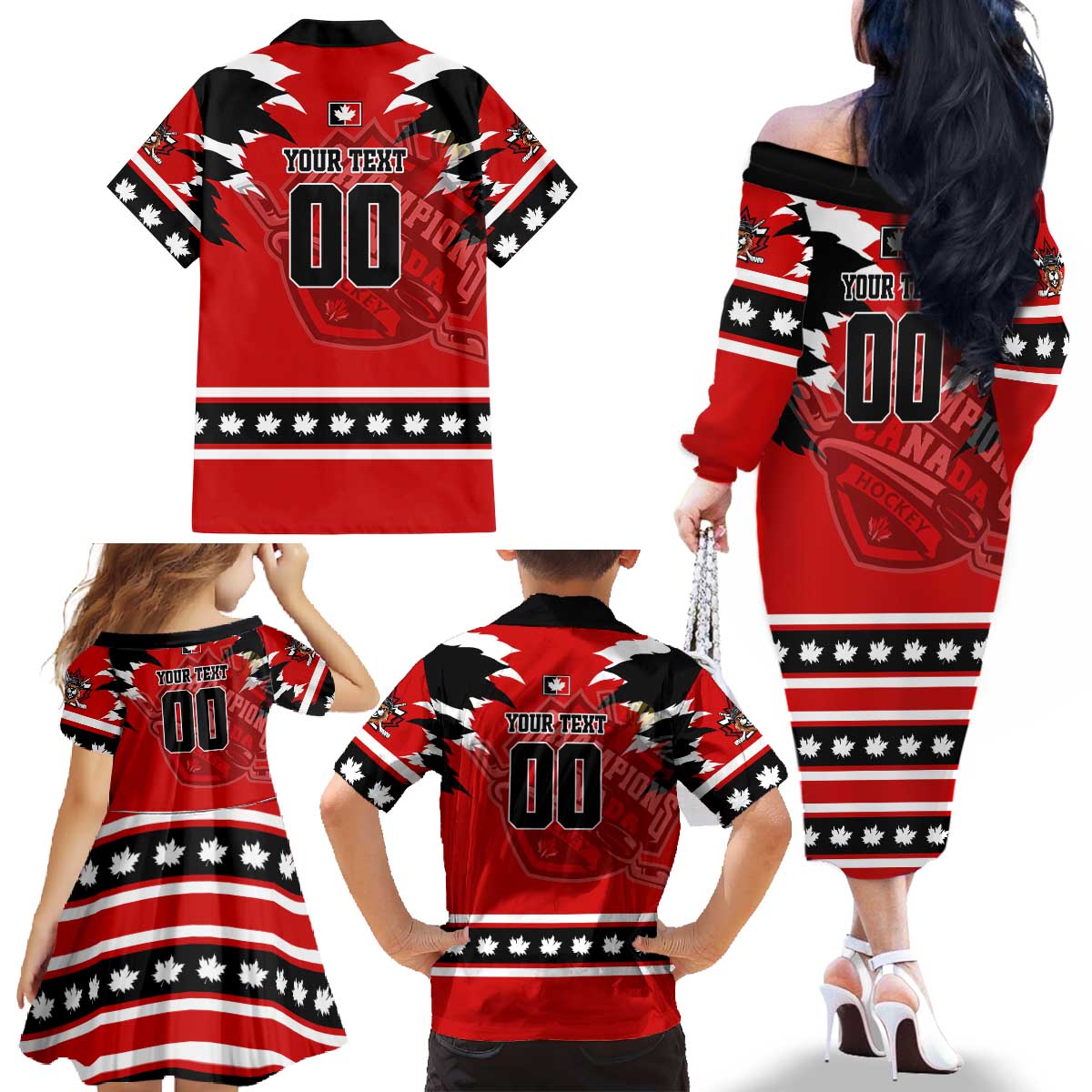 Personalized Champions Canada Hockey Family Matching Off The Shoulder Long Sleeve Dress and Hawaiian Shirt Fierce Beaver on Ice
