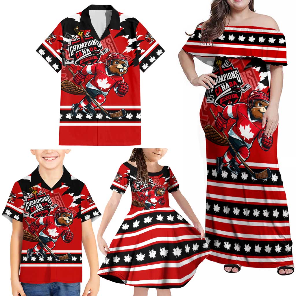Personalized Champions Canada Hockey Family Matching Off Shoulder Maxi Dress and Hawaiian Shirt Fierce Beaver on Ice