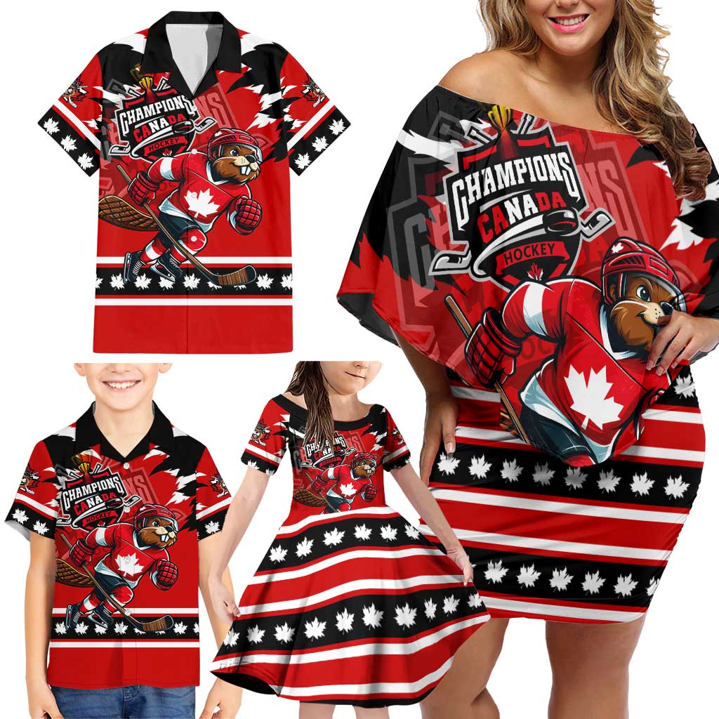 Personalized Champions Canada Hockey Family Matching Off Shoulder Short Dress and Hawaiian Shirt Fierce Beaver on Ice