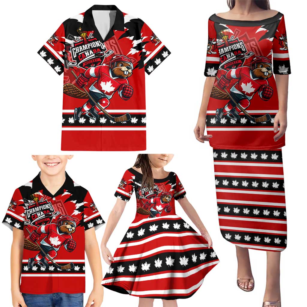 Personalized Champions Canada Hockey Family Matching Puletasi and Hawaiian Shirt Fierce Beaver on Ice