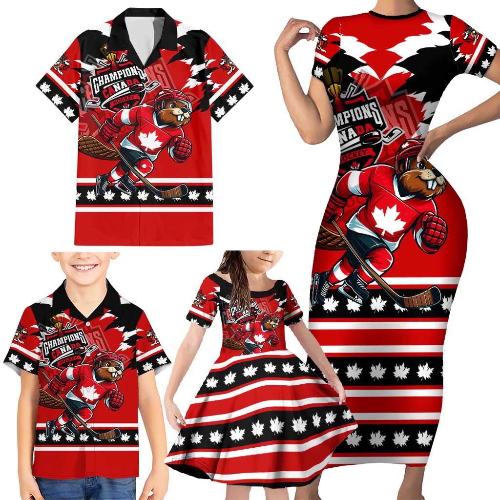 Personalized Champions Canada Hockey Family Matching Short Sleeve Bodycon Dress and Hawaiian Shirt Fierce Beaver on Ice