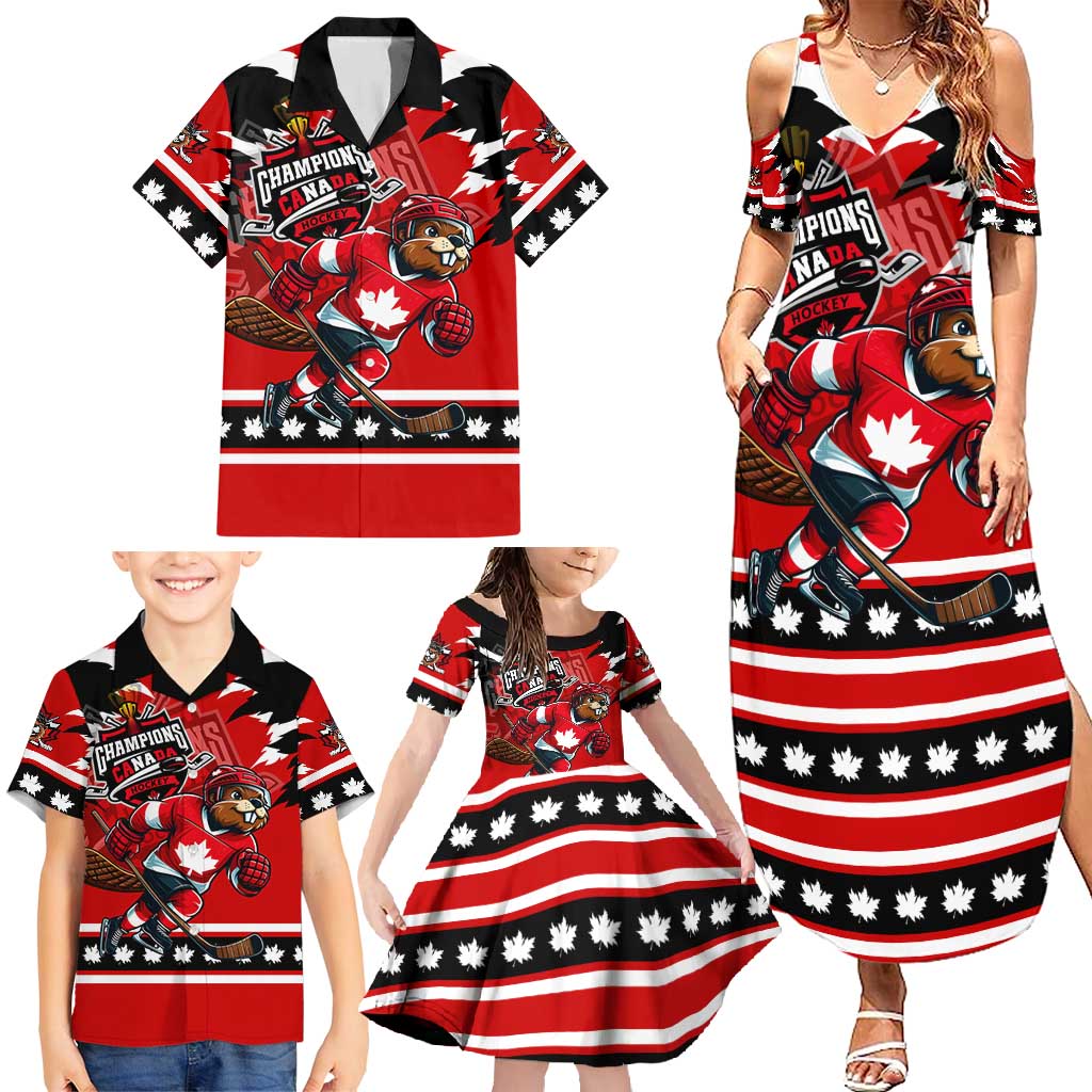 Personalized Champions Canada Hockey Family Matching Summer Maxi Dress and Hawaiian Shirt Fierce Beaver on Ice