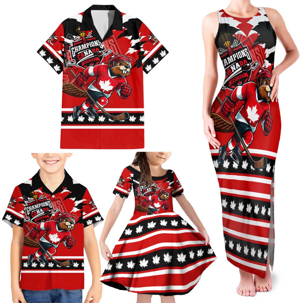 Personalized Champions Canada Hockey Family Matching Tank Maxi Dress and Hawaiian Shirt Fierce Beaver on Ice