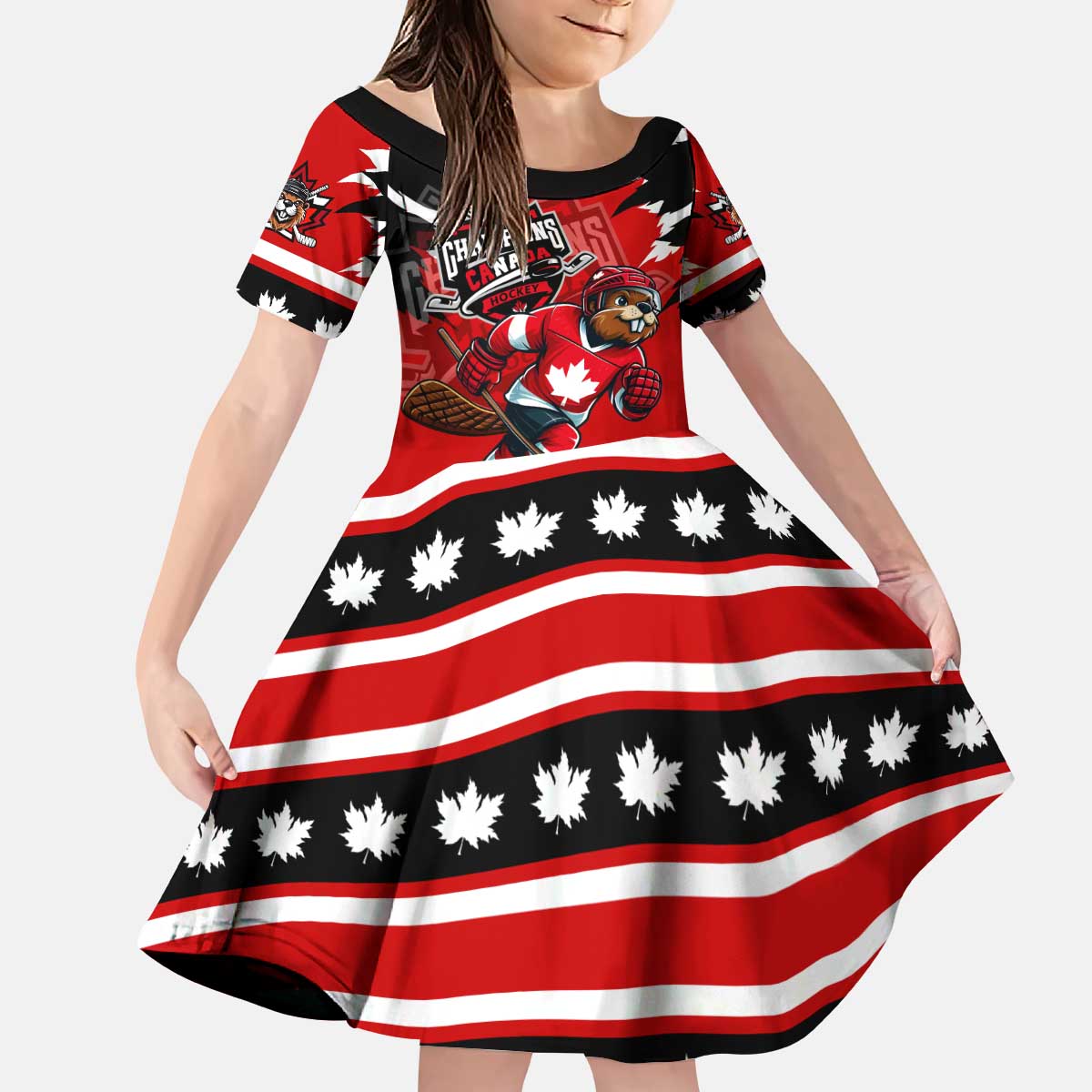 Personalized Champions Canada Hockey Kid Short Sleeve Dress Fierce Beaver on Ice