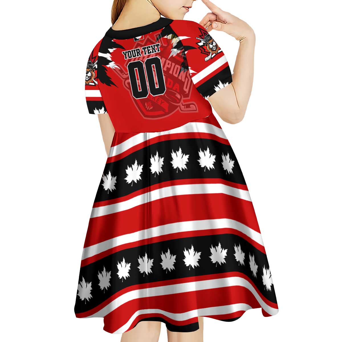 Personalized Champions Canada Hockey Kid Short Sleeve Dress Fierce Beaver on Ice