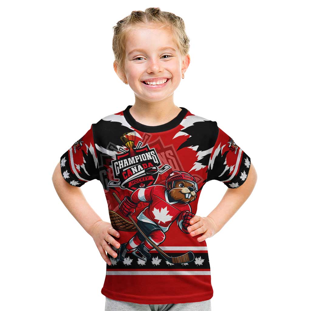 Personalized Champions Canada Hockey Kid T Shirt Fierce Beaver on Ice