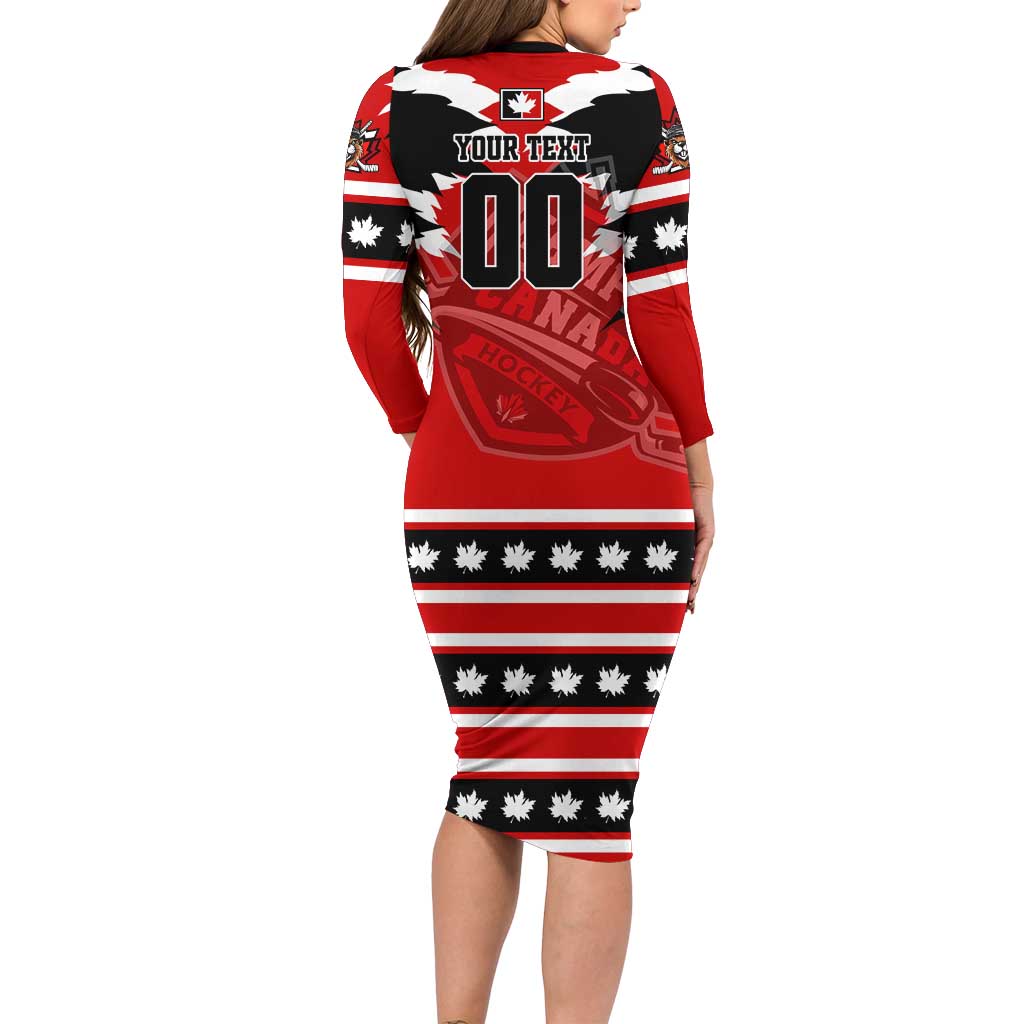 Personalized Champions Canada Hockey Long Sleeve Bodycon Dress Fierce Beaver on Ice
