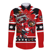 Personalized Champions Canada Hockey Long Sleeve Button Shirt Fierce Beaver on Ice