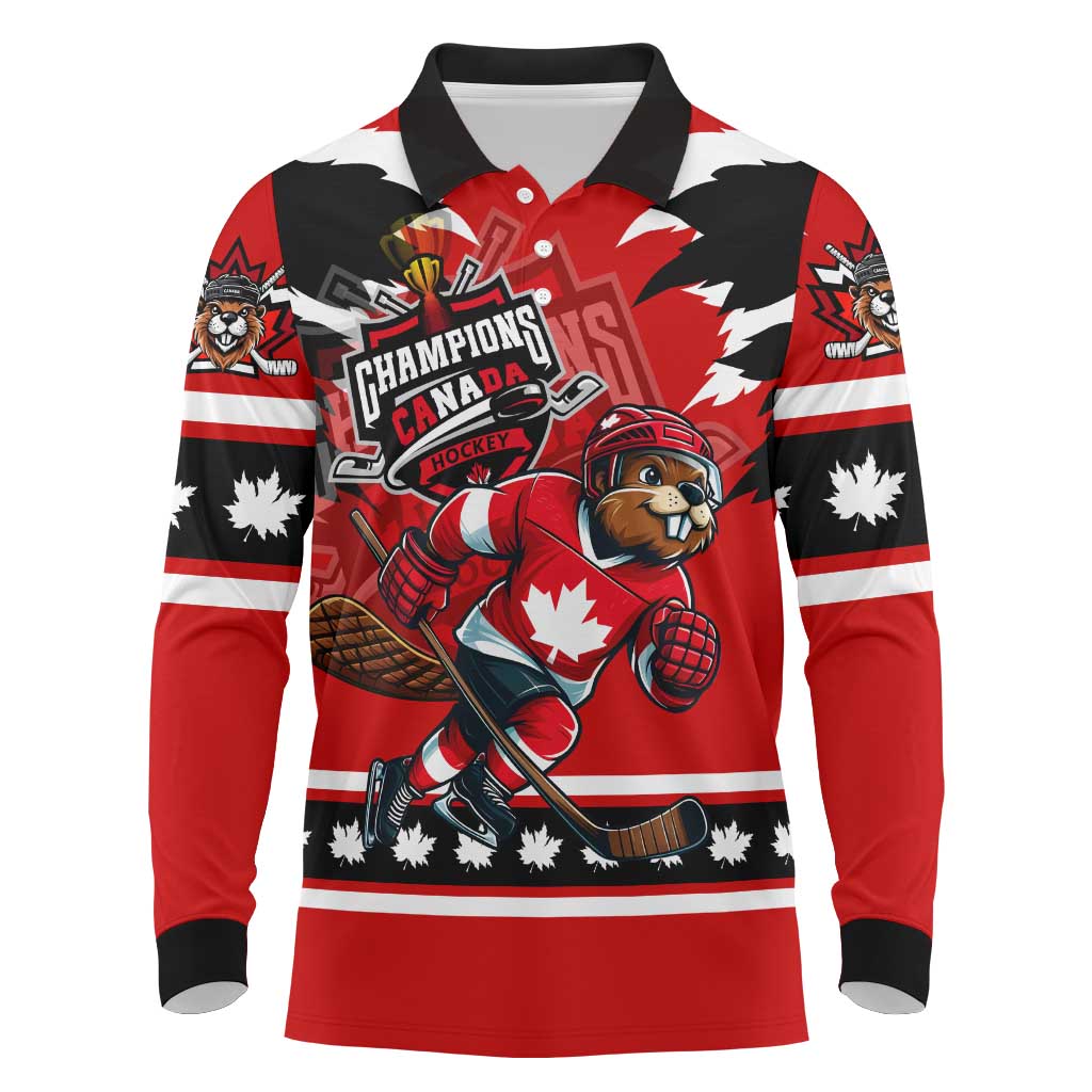 Personalized Champions Canada Hockey Long Sleeve Polo Shirt Fierce Beaver on Ice