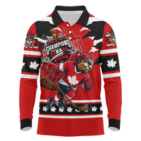 Personalized Champions Canada Hockey Long Sleeve Polo Shirt Fierce Beaver on Ice