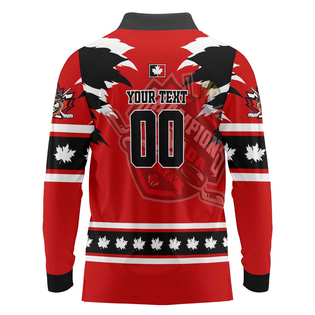 Personalized Champions Canada Hockey Long Sleeve Polo Shirt Fierce Beaver on Ice