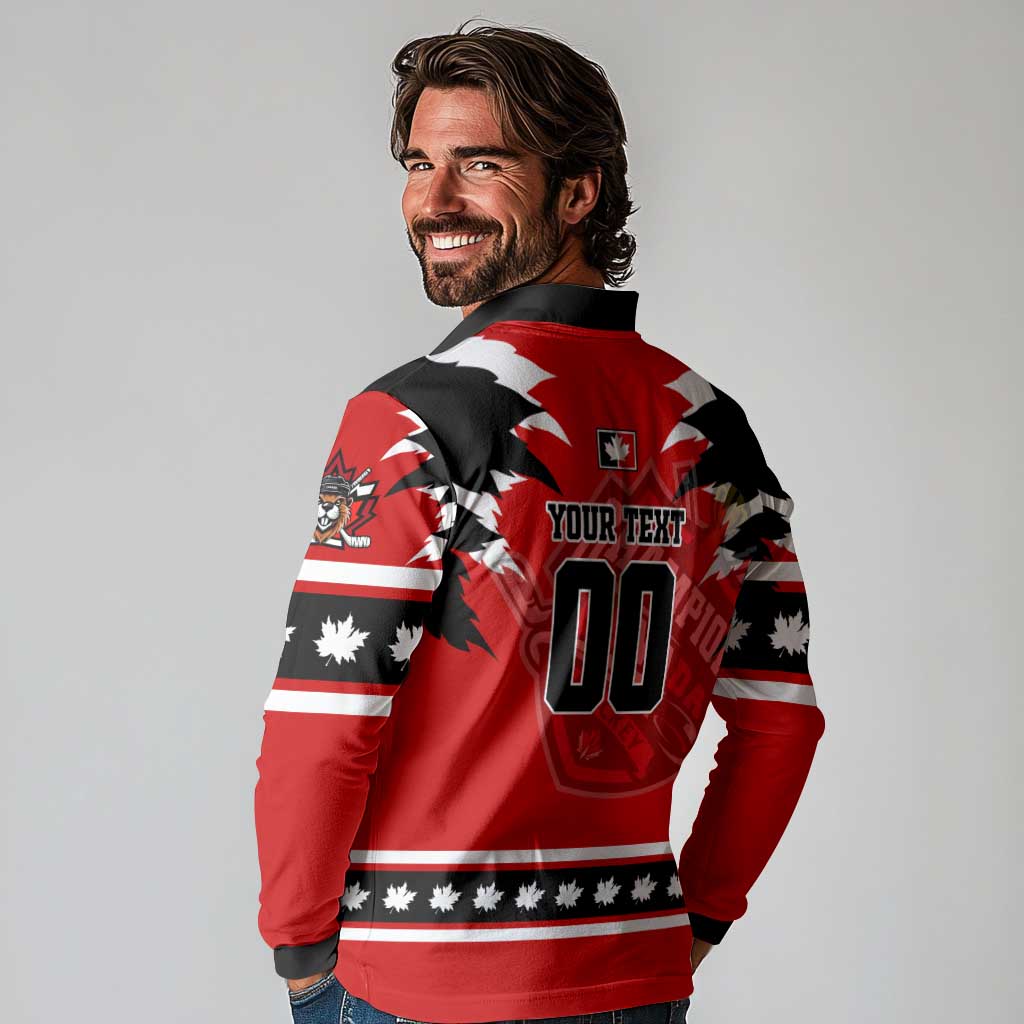 Personalized Champions Canada Hockey Long Sleeve Polo Shirt Fierce Beaver on Ice