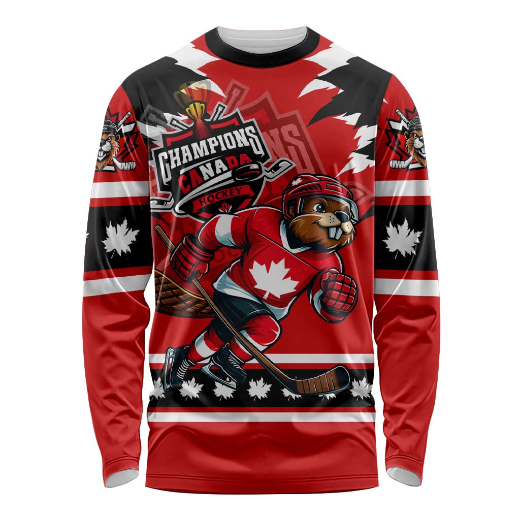 Personalized Champions Canada Hockey Long Sleeve Shirt Fierce Beaver on Ice