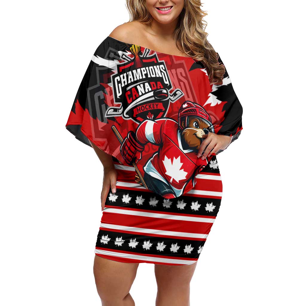 Personalized Champions Canada Hockey Off Shoulder Short Dress Fierce Beaver on Ice