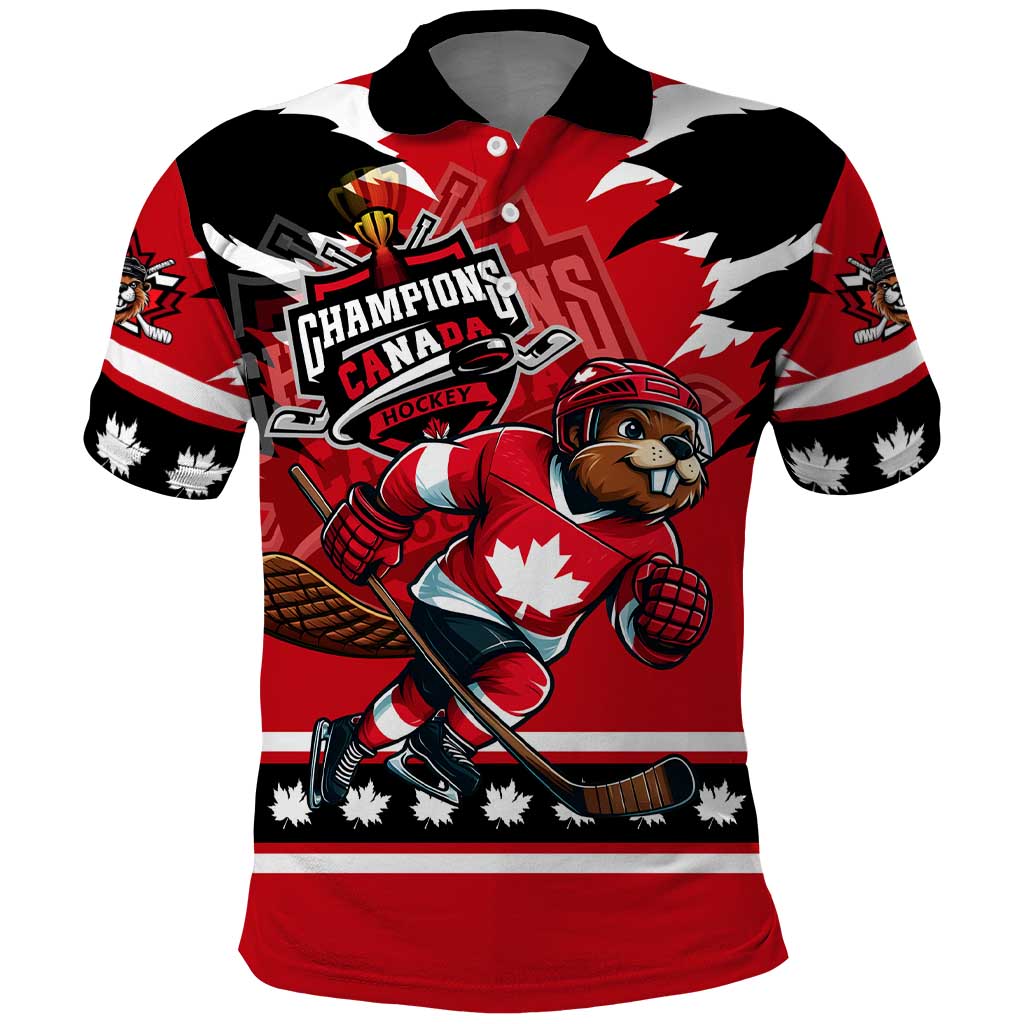 Personalized Champions Canada Hockey Polo Shirt Fierce Beaver on Ice