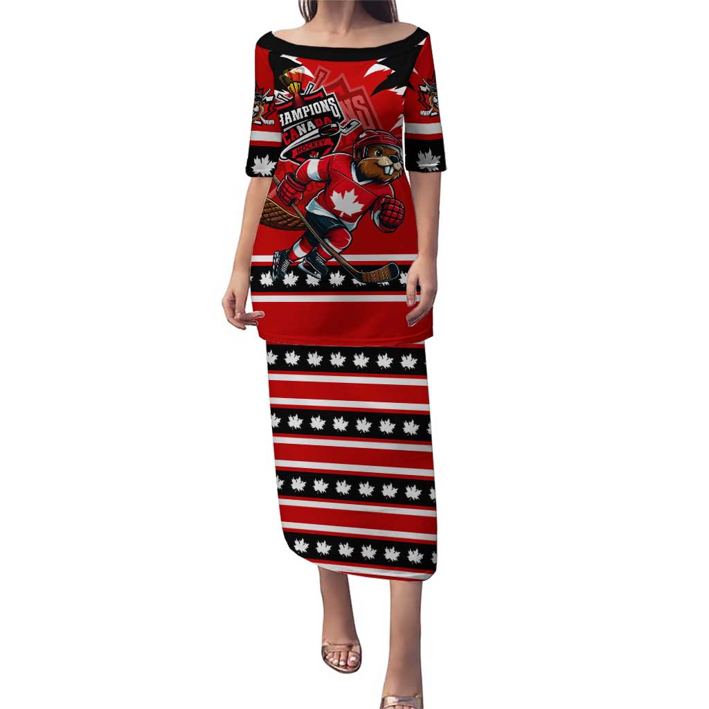 Personalized Champions Canada Hockey Puletasi Fierce Beaver on Ice