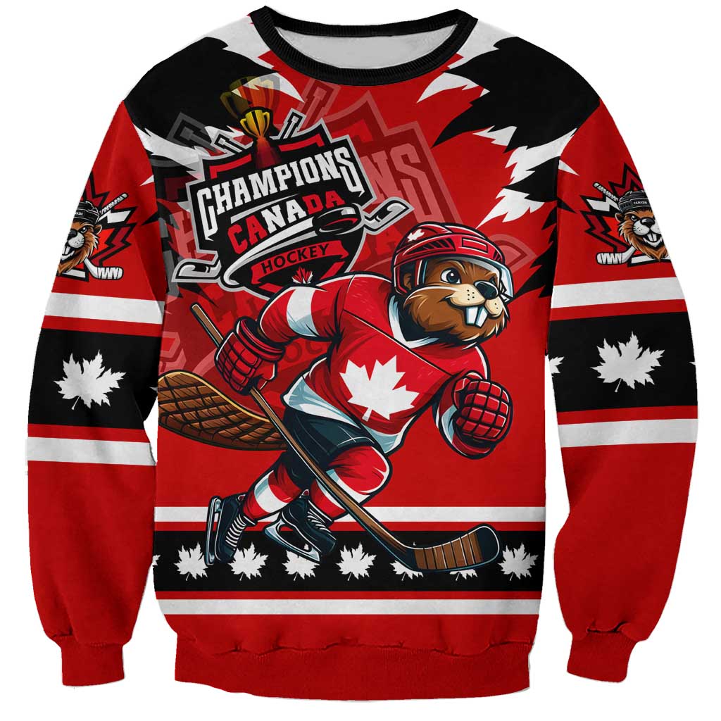 Personalized Champions Canada Hockey Sweatshirt Fierce Beaver on Ice