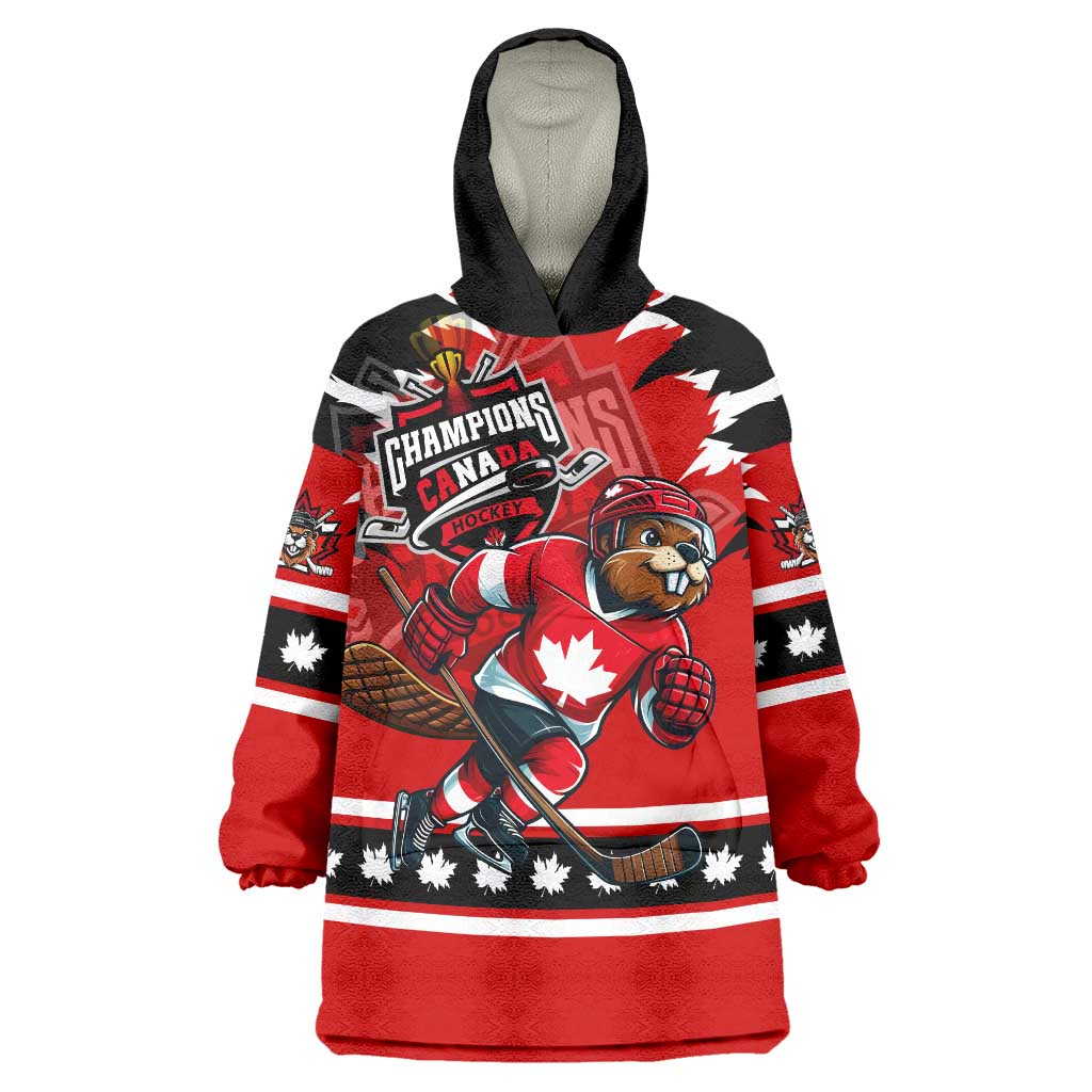 Personalized Champions Canada Hockey Wearable Blanket Hoodie Fierce Beaver on Ice