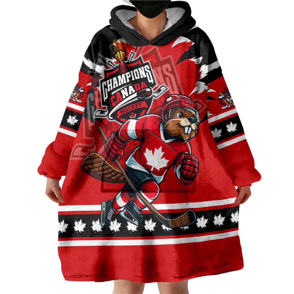 Personalized Champions Canada Hockey Wearable Blanket Hoodie Fierce Beaver on Ice