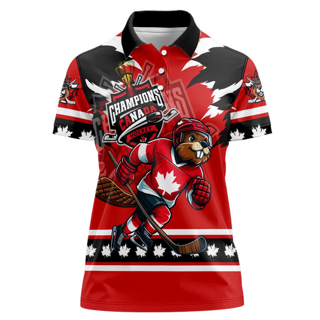 Personalized Champions Canada Hockey Women Polo Shirt Fierce Beaver on Ice