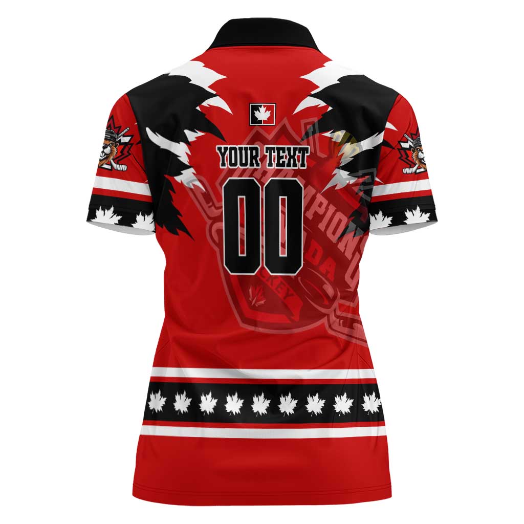Personalized Champions Canada Hockey Women Polo Shirt Fierce Beaver on Ice