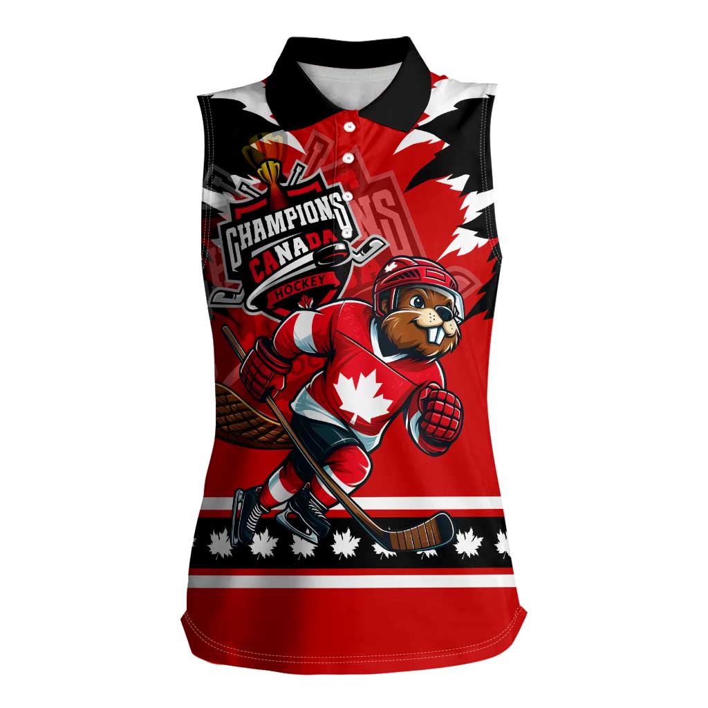 Personalized Champions Canada Hockey Women Sleeveless Polo Shirt Fierce Beaver on Ice