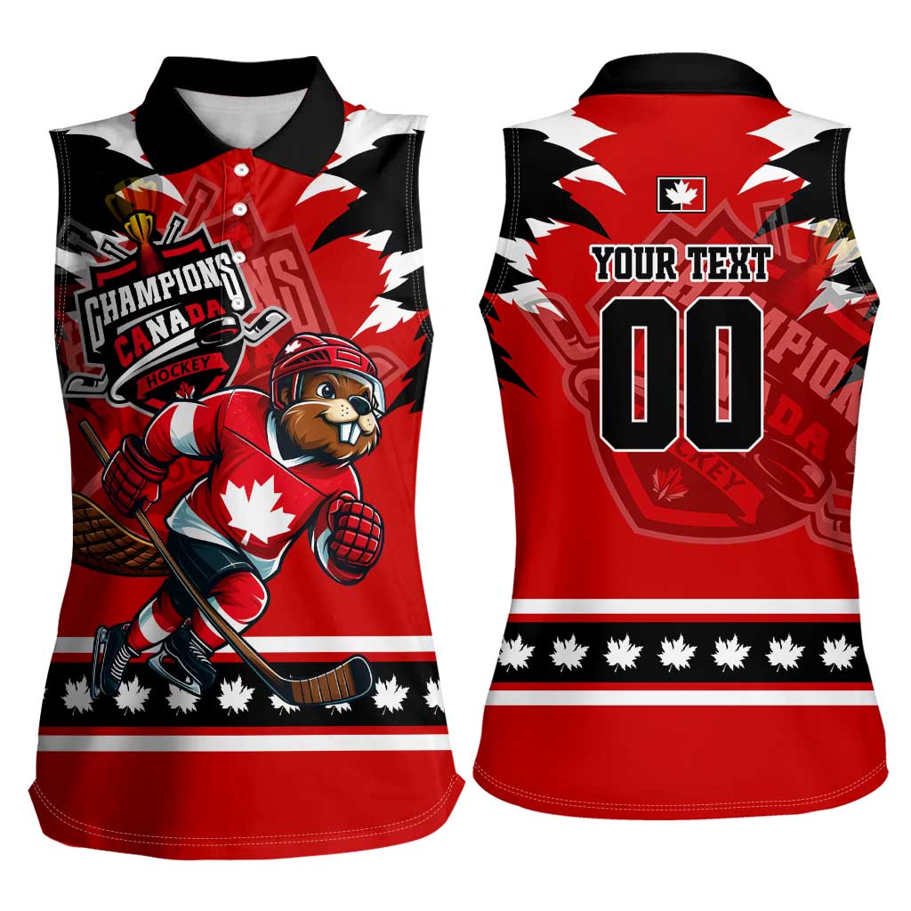 Personalized Champions Canada Hockey Women Sleeveless Polo Shirt Fierce Beaver on Ice