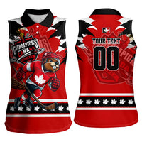 Personalized Champions Canada Hockey Women Sleeveless Polo Shirt Fierce Beaver on Ice
