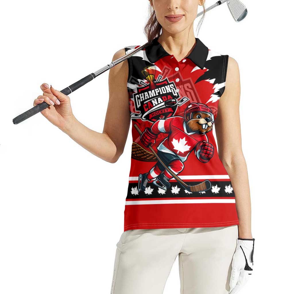 Personalized Champions Canada Hockey Women Sleeveless Polo Shirt Fierce Beaver on Ice