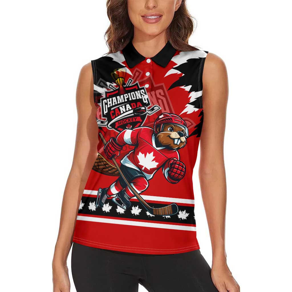 Personalized Champions Canada Hockey Women Sleeveless Polo Shirt Fierce Beaver on Ice