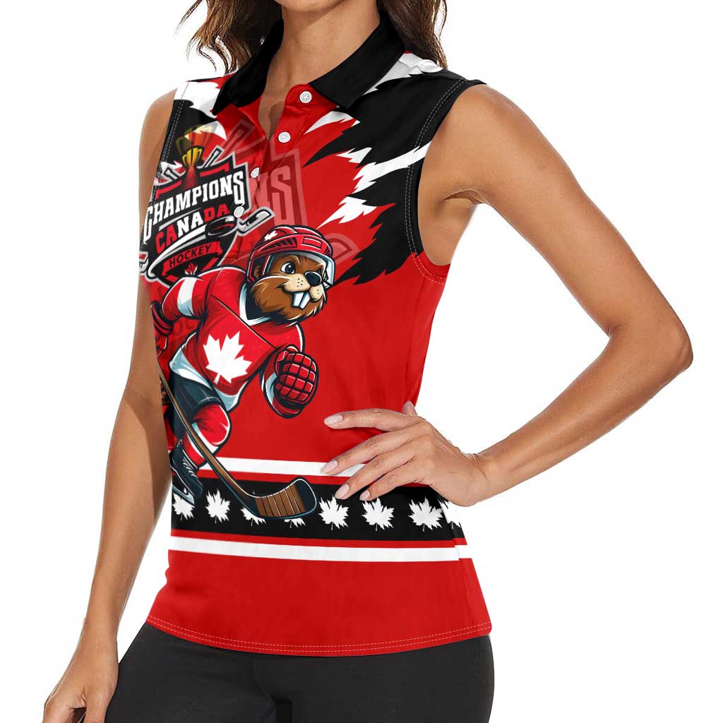 Personalized Champions Canada Hockey Women Sleeveless Polo Shirt Fierce Beaver on Ice