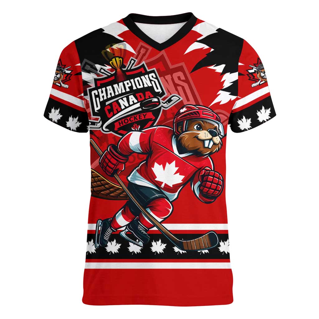 Personalized Champions Canada Hockey Women V-Neck T-Shirt Fierce Beaver on Ice