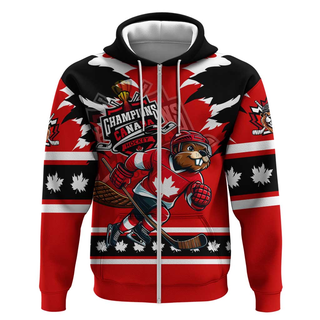 Personalized Champions Canada Hockey Zip Hoodie Fierce Beaver on Ice