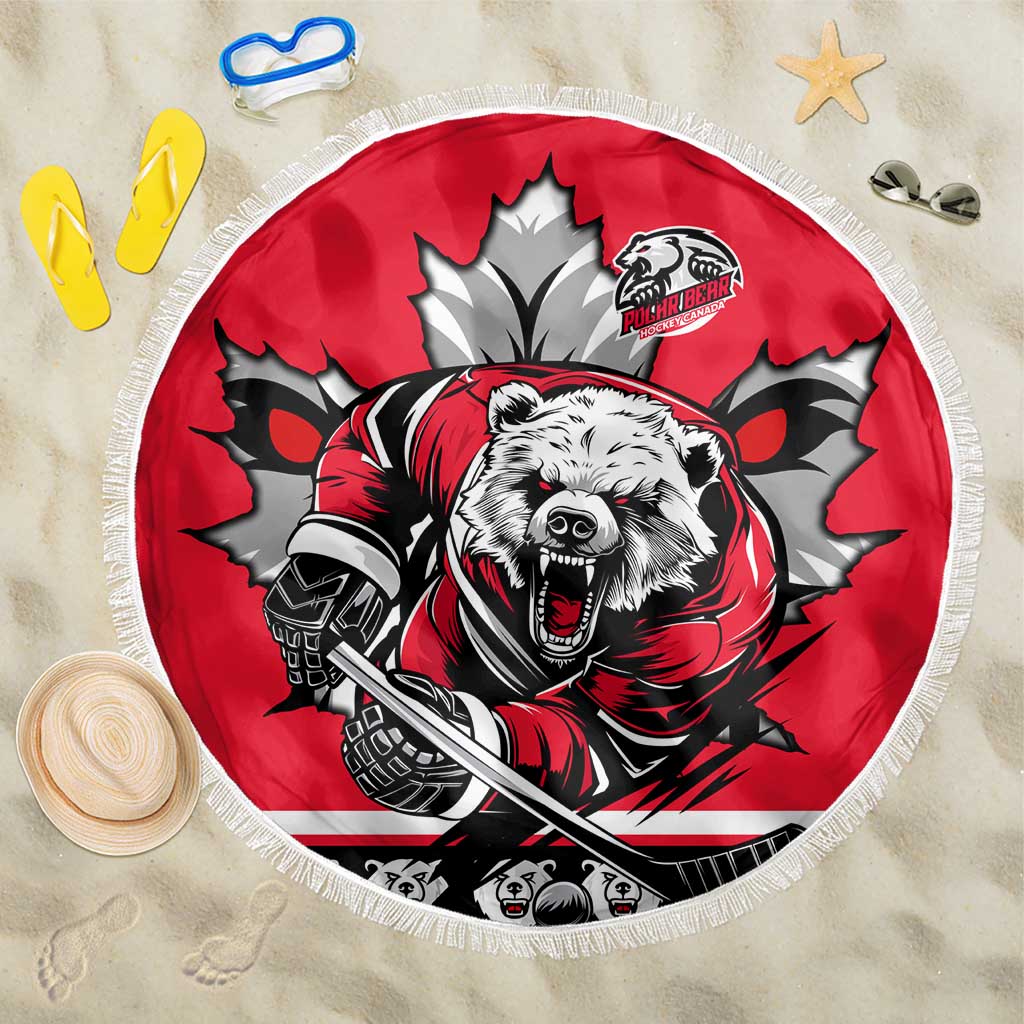 Polar Bear Hockey Canada Beach Blanket Maple Leaf Ice Warrior