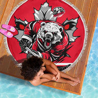 Polar Bear Hockey Canada Beach Blanket Maple Leaf Ice Warrior