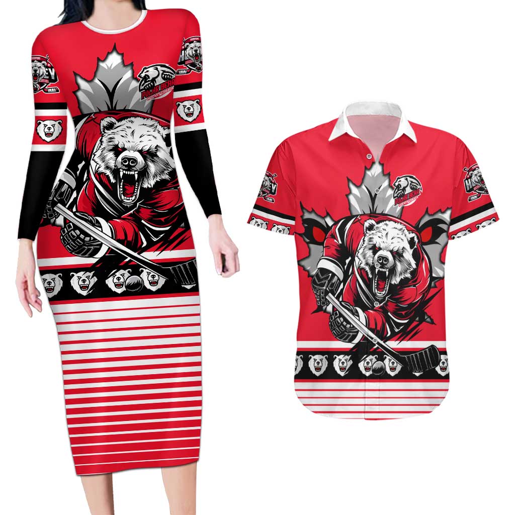 Personalized Polar Bear Hockey Canada Couples Matching Long Sleeve Bodycon Dress and Hawaiian Shirt Maple Leaf Ice Warrior