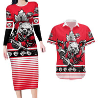 Personalized Polar Bear Hockey Canada Couples Matching Long Sleeve Bodycon Dress and Hawaiian Shirt Maple Leaf Ice Warrior