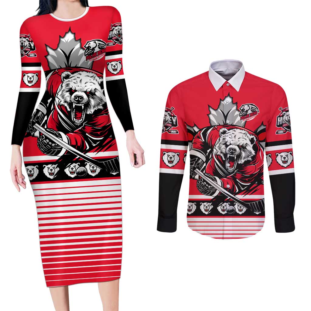 Personalized Polar Bear Hockey Canada Couples Matching Long Sleeve Bodycon Dress and Long Sleeve Button Shirt Maple Leaf Ice Warrior