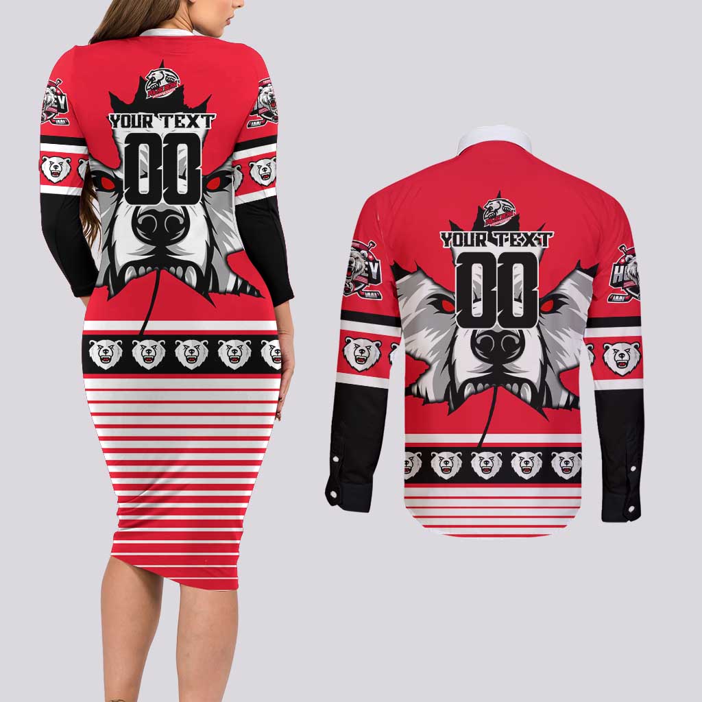 Personalized Polar Bear Hockey Canada Couples Matching Long Sleeve Bodycon Dress and Long Sleeve Button Shirt Maple Leaf Ice Warrior