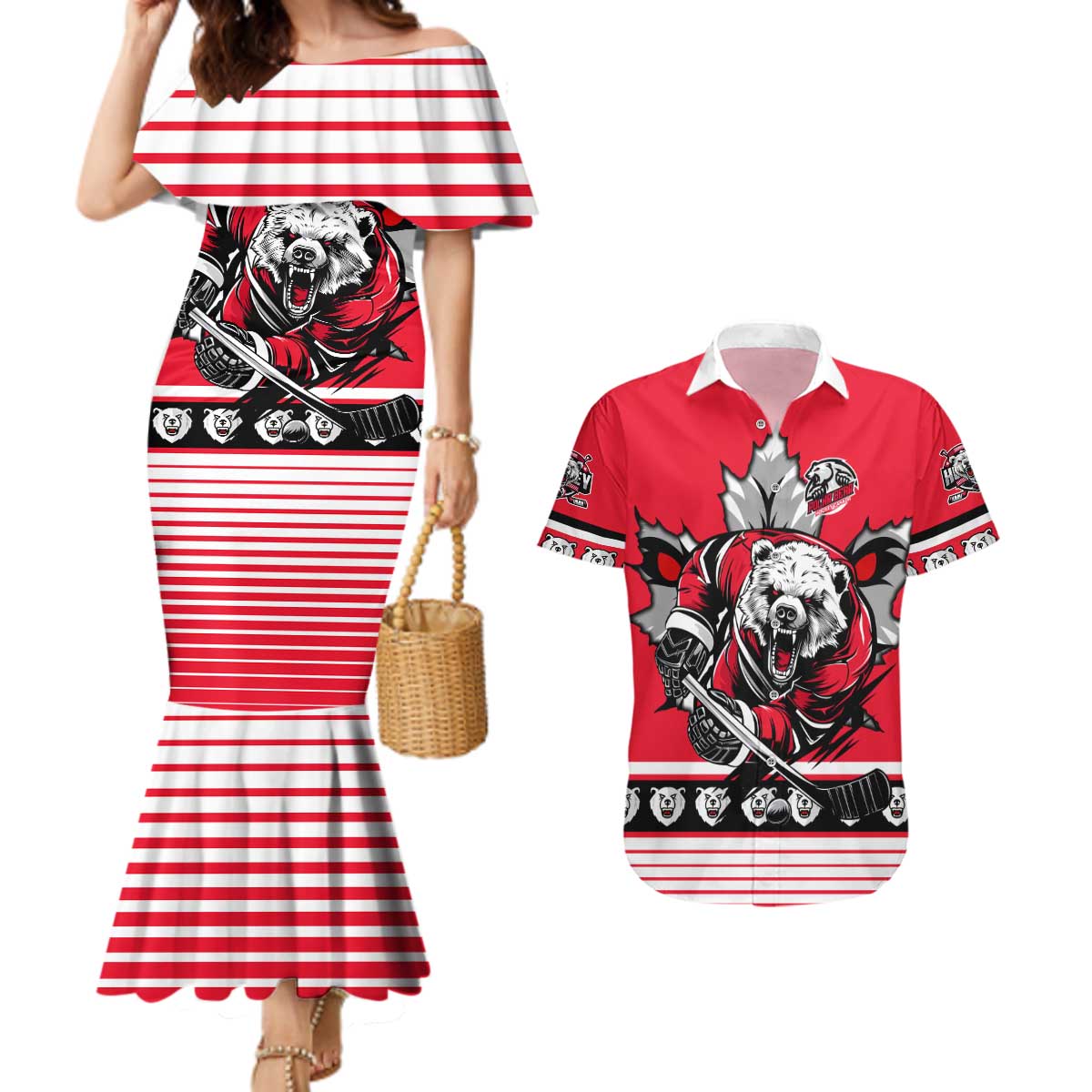 Personalized Polar Bear Hockey Canada Couples Matching Mermaid Dress and Hawaiian Shirt Maple Leaf Ice Warrior
