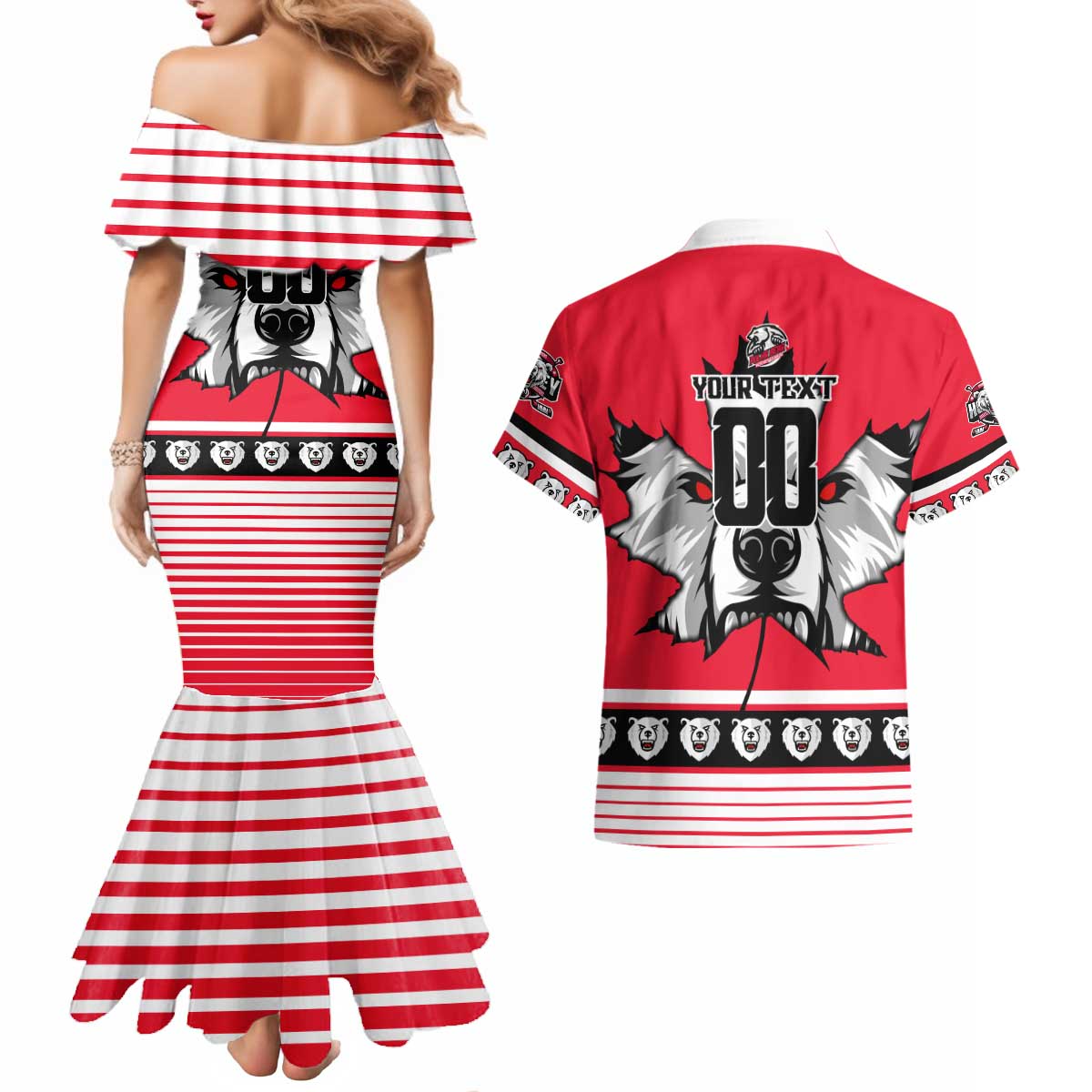 Personalized Polar Bear Hockey Canada Couples Matching Mermaid Dress and Hawaiian Shirt Maple Leaf Ice Warrior