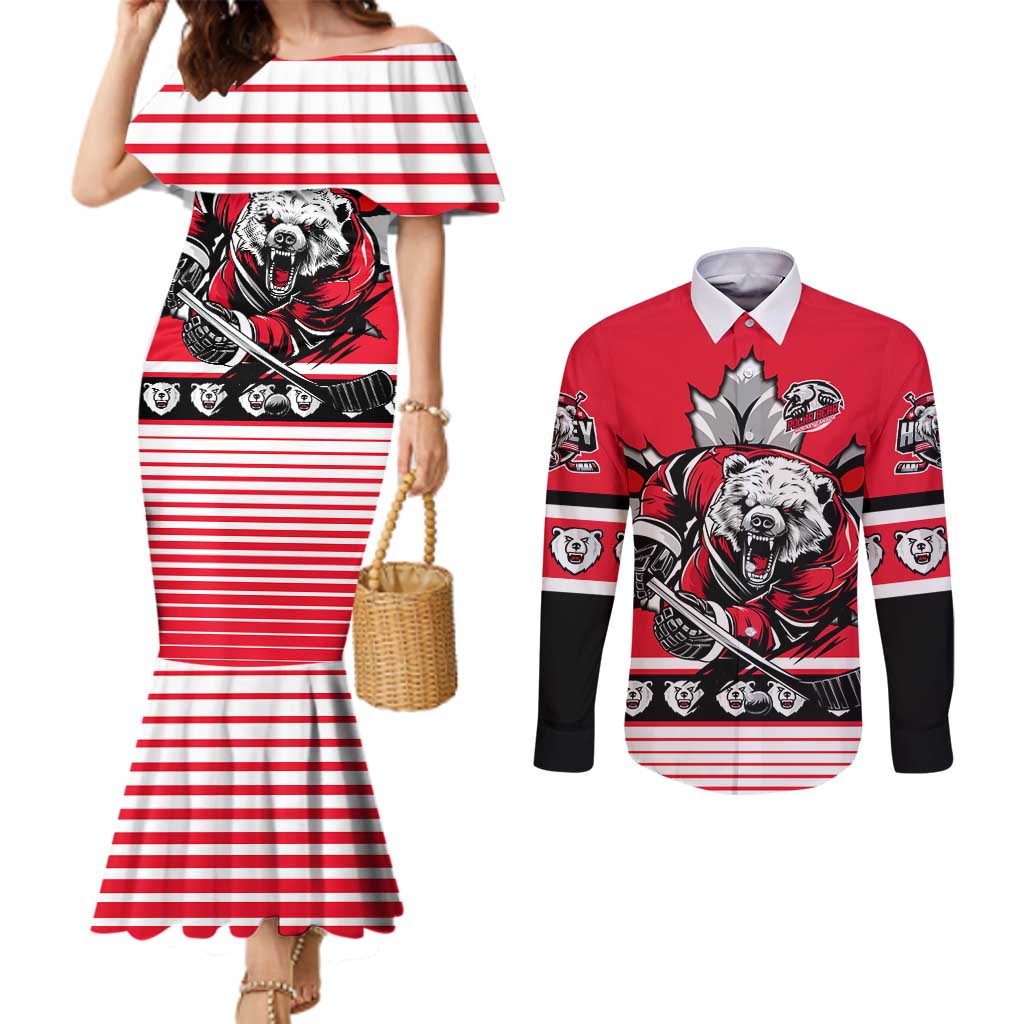 Personalized Polar Bear Hockey Canada Couples Matching Mermaid Dress and Long Sleeve Button Shirt Maple Leaf Ice Warrior
