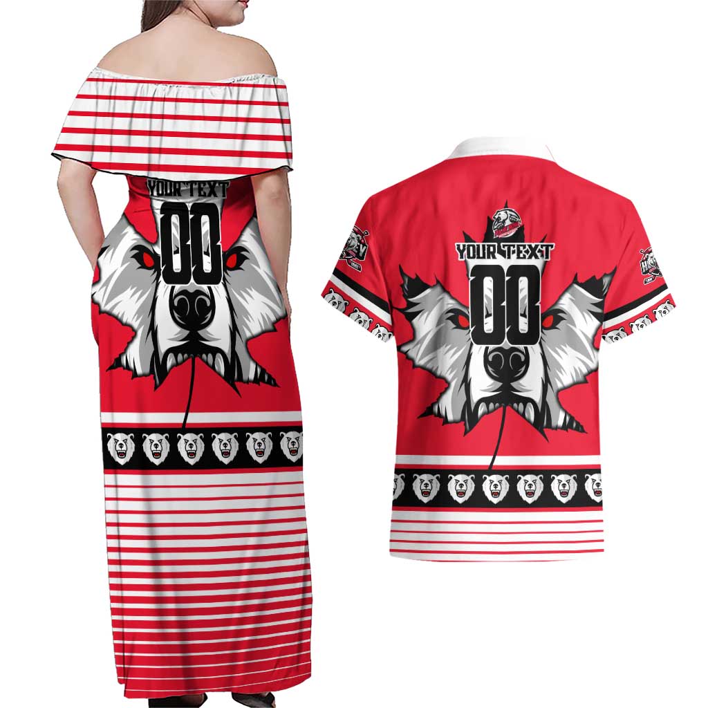 Personalized Polar Bear Hockey Canada Couples Matching Off Shoulder Maxi Dress and Hawaiian Shirt Maple Leaf Ice Warrior