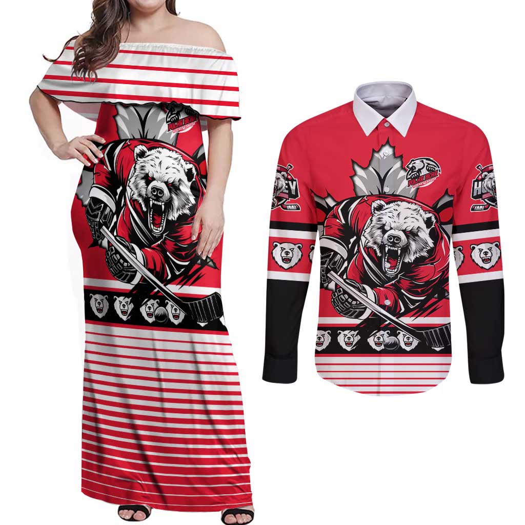 Personalized Polar Bear Hockey Canada Couples Matching Off Shoulder Maxi Dress and Long Sleeve Button Shirt Maple Leaf Ice Warrior