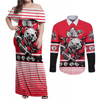 Personalized Polar Bear Hockey Canada Couples Matching Off Shoulder Maxi Dress and Long Sleeve Button Shirt Maple Leaf Ice Warrior
