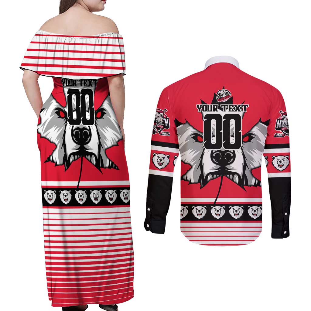 Personalized Polar Bear Hockey Canada Couples Matching Off Shoulder Maxi Dress and Long Sleeve Button Shirt Maple Leaf Ice Warrior