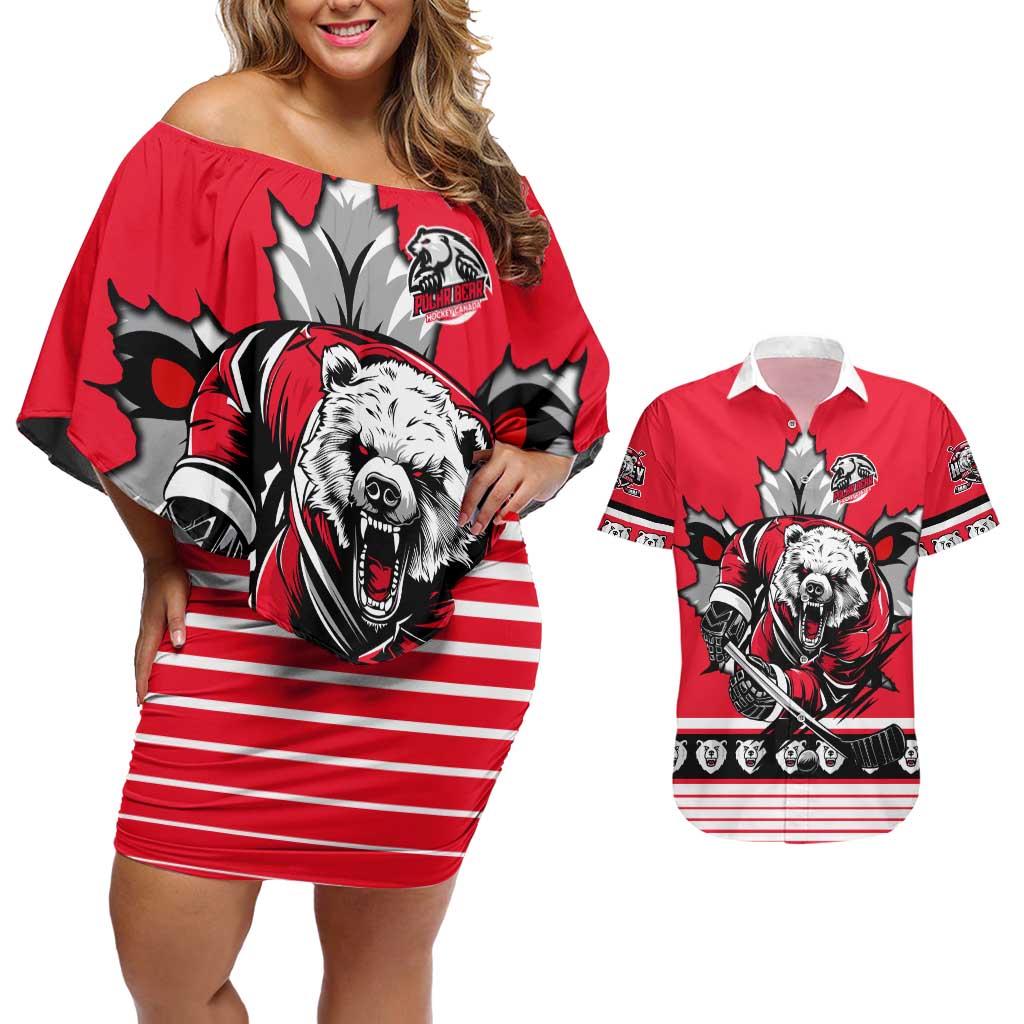 Personalized Polar Bear Hockey Canada Couples Matching Off Shoulder Short Dress and Hawaiian Shirt Maple Leaf Ice Warrior