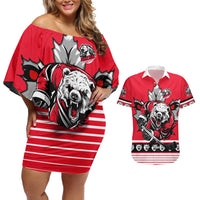 Personalized Polar Bear Hockey Canada Couples Matching Off Shoulder Short Dress and Hawaiian Shirt Maple Leaf Ice Warrior