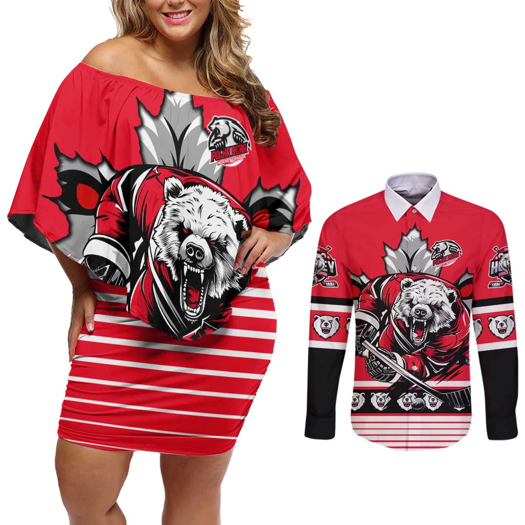 Personalized Polar Bear Hockey Canada Couples Matching Off Shoulder Short Dress and Long Sleeve Button Shirt Maple Leaf Ice Warrior