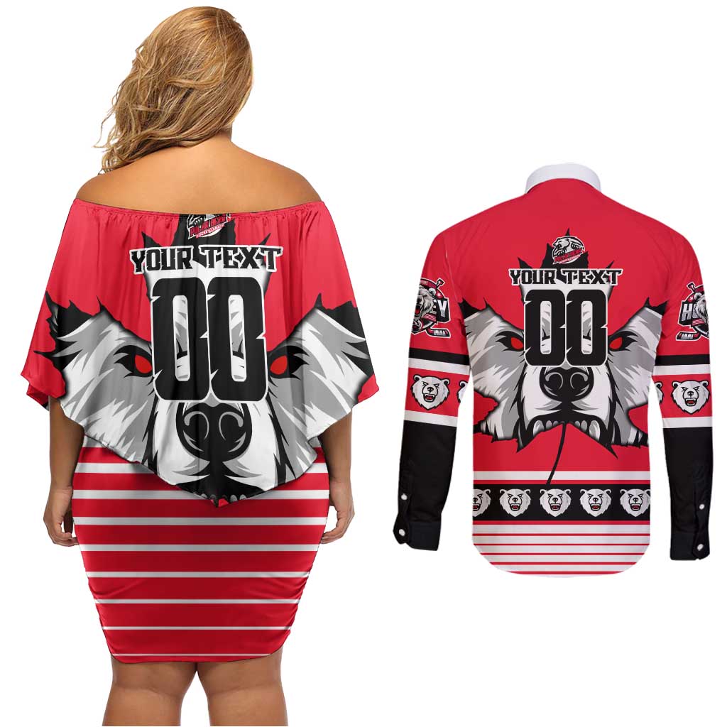 Personalized Polar Bear Hockey Canada Couples Matching Off Shoulder Short Dress and Long Sleeve Button Shirt Maple Leaf Ice Warrior